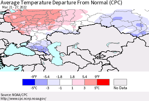 Russian Federation Average Temperature Departure from Normal (CPC) Thematic Map For 3/21/2022 - 3/27/2022