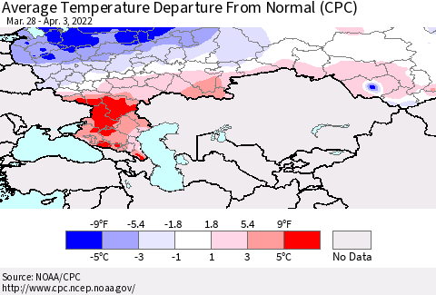 Russian Federation Average Temperature Departure from Normal (CPC) Thematic Map For 3/28/2022 - 4/3/2022