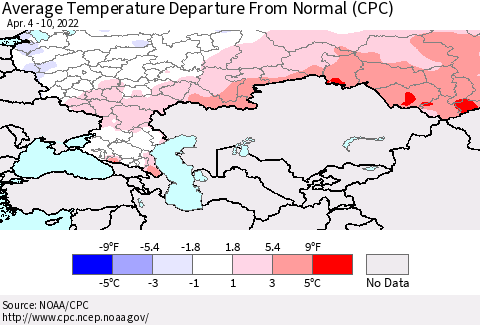Russian Federation Average Temperature Departure from Normal (CPC) Thematic Map For 4/4/2022 - 4/10/2022