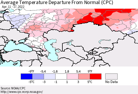 Russian Federation Average Temperature Departure from Normal (CPC) Thematic Map For 4/11/2022 - 4/17/2022