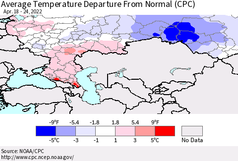 Russian Federation Average Temperature Departure from Normal (CPC) Thematic Map For 4/18/2022 - 4/24/2022