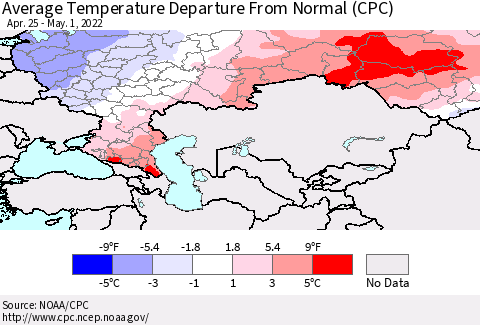 Russian Federation Average Temperature Departure from Normal (CPC) Thematic Map For 4/25/2022 - 5/1/2022