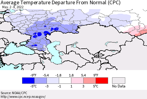 Russian Federation Average Temperature Departure from Normal (CPC) Thematic Map For 5/2/2022 - 5/8/2022
