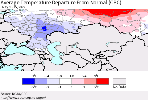 Russian Federation Average Temperature Departure from Normal (CPC) Thematic Map For 5/9/2022 - 5/15/2022