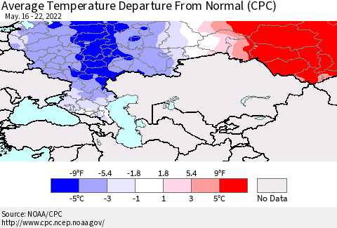 Russian Federation Average Temperature Departure from Normal (CPC) Thematic Map For 5/16/2022 - 5/22/2022