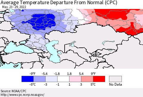 Russian Federation Average Temperature Departure from Normal (CPC) Thematic Map For 5/23/2022 - 5/29/2022