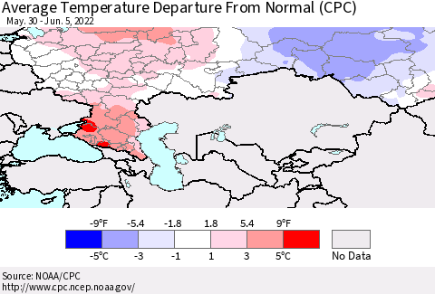 Russian Federation Average Temperature Departure from Normal (CPC) Thematic Map For 5/30/2022 - 6/5/2022