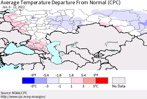 Russian Federation Average Temperature Departure from Normal (CPC) Thematic Map For 6/6/2022 - 6/12/2022