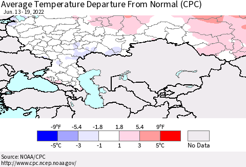 Russian Federation Average Temperature Departure from Normal (CPC) Thematic Map For 6/13/2022 - 6/19/2022
