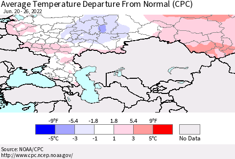 Russian Federation Average Temperature Departure from Normal (CPC) Thematic Map For 6/20/2022 - 6/26/2022