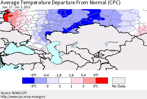 Russian Federation Average Temperature Departure from Normal (CPC) Thematic Map For 6/27/2022 - 7/3/2022