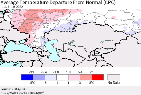 Russian Federation Average Temperature Departure from Normal (CPC) Thematic Map For 7/4/2022 - 7/10/2022