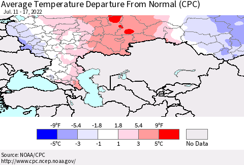 Russian Federation Average Temperature Departure from Normal (CPC) Thematic Map For 7/11/2022 - 7/17/2022