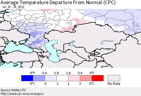 Russian Federation Average Temperature Departure from Normal (CPC) Thematic Map For 7/18/2022 - 7/24/2022