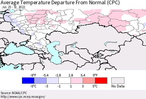 Russian Federation Average Temperature Departure from Normal (CPC) Thematic Map For 7/25/2022 - 7/31/2022