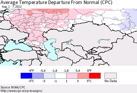 Russian Federation Average Temperature Departure from Normal (CPC) Thematic Map For 8/1/2022 - 8/7/2022