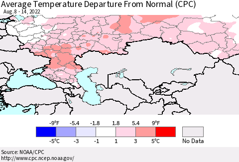 Russian Federation Average Temperature Departure from Normal (CPC) Thematic Map For 8/8/2022 - 8/14/2022