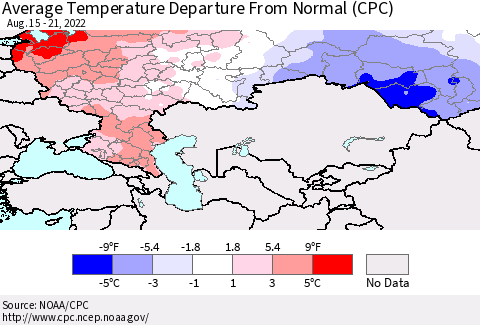 Russian Federation Average Temperature Departure from Normal (CPC) Thematic Map For 8/15/2022 - 8/21/2022