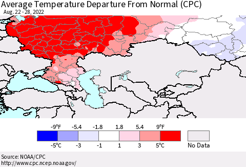 Russian Federation Average Temperature Departure from Normal (CPC) Thematic Map For 8/22/2022 - 8/28/2022