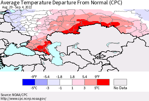 Russian Federation Average Temperature Departure from Normal (CPC) Thematic Map For 8/29/2022 - 9/4/2022