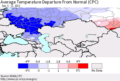 Russian Federation Average Temperature Departure from Normal (CPC) Thematic Map For 9/5/2022 - 9/11/2022