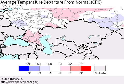 Russian Federation Average Temperature Departure from Normal (CPC) Thematic Map For 9/12/2022 - 9/18/2022