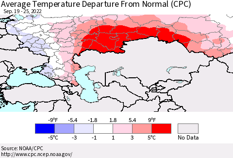 Russian Federation Average Temperature Departure from Normal (CPC) Thematic Map For 9/19/2022 - 9/25/2022