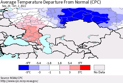 Russian Federation Average Temperature Departure from Normal (CPC) Thematic Map For 9/26/2022 - 10/2/2022