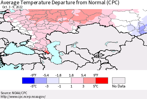 Russian Federation Average Temperature Departure from Normal (CPC) Thematic Map For 10/3/2022 - 10/9/2022