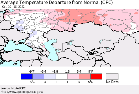 Russian Federation Average Temperature Departure from Normal (CPC) Thematic Map For 10/10/2022 - 10/16/2022