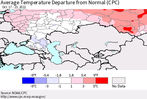 Russian Federation Average Temperature Departure from Normal (CPC) Thematic Map For 10/17/2022 - 10/23/2022