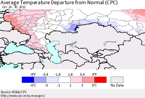 Russian Federation Average Temperature Departure from Normal (CPC) Thematic Map For 10/24/2022 - 10/30/2022
