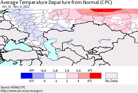 Russian Federation Average Temperature Departure from Normal (CPC) Thematic Map For 10/31/2022 - 11/6/2022