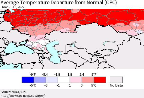 Russian Federation Average Temperature Departure from Normal (CPC) Thematic Map For 11/7/2022 - 11/13/2022