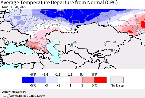 Russian Federation Average Temperature Departure from Normal (CPC) Thematic Map For 11/14/2022 - 11/20/2022