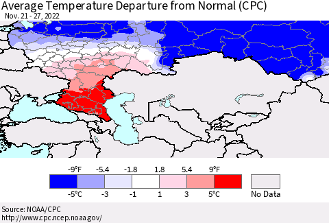 Russian Federation Average Temperature Departure from Normal (CPC) Thematic Map For 11/21/2022 - 11/27/2022