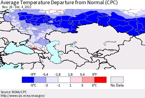 Russian Federation Average Temperature Departure from Normal (CPC) Thematic Map For 11/28/2022 - 12/4/2022