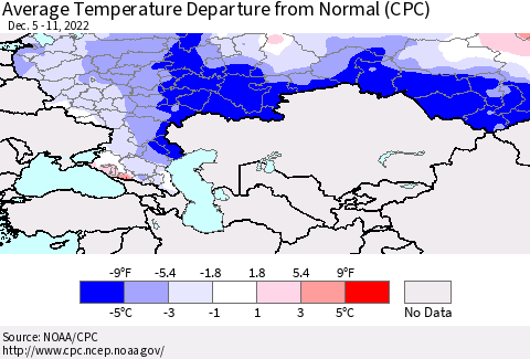 Russian Federation Average Temperature Departure from Normal (CPC) Thematic Map For 12/5/2022 - 12/11/2022