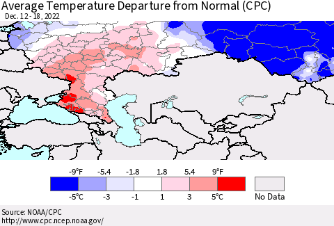 Russian Federation Average Temperature Departure from Normal (CPC) Thematic Map For 12/12/2022 - 12/18/2022