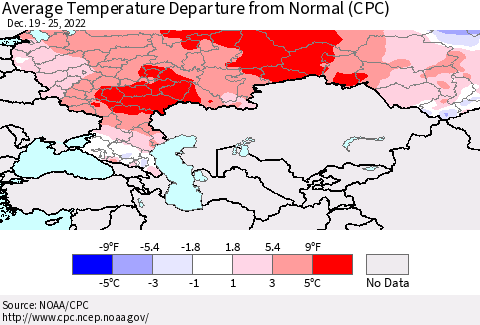 Russian Federation Average Temperature Departure from Normal (CPC) Thematic Map For 12/19/2022 - 12/25/2022