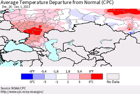 Russian Federation Average Temperature Departure from Normal (CPC) Thematic Map For 12/26/2022 - 1/1/2023