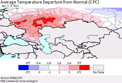 Russian Federation Average Temperature Departure from Normal (CPC) Thematic Map For 4/3/2023 - 4/9/2023