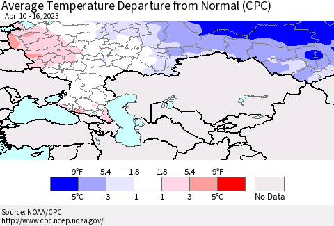 Russian Federation Average Temperature Departure from Normal (CPC) Thematic Map For 4/10/2023 - 4/16/2023