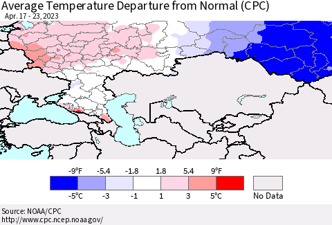 Russian Federation Average Temperature Departure from Normal (CPC) Thematic Map For 4/17/2023 - 4/23/2023