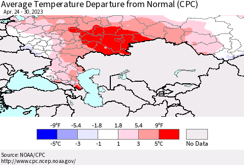 Russian Federation Average Temperature Departure from Normal (CPC) Thematic Map For 4/24/2023 - 4/30/2023