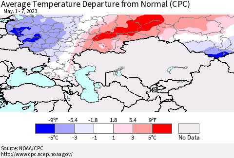 Russian Federation Average Temperature Departure from Normal (CPC) Thematic Map For 5/1/2023 - 5/7/2023