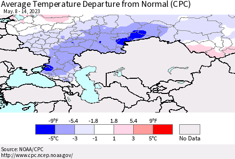 Russian Federation Average Temperature Departure from Normal (CPC) Thematic Map For 5/8/2023 - 5/14/2023