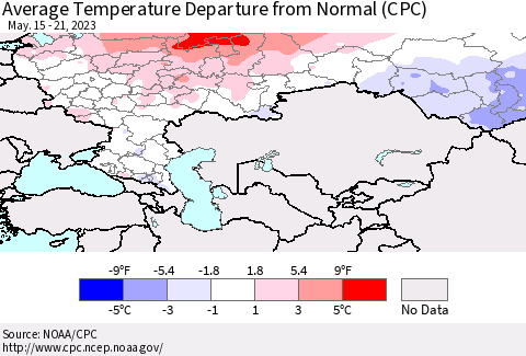 Russian Federation Average Temperature Departure from Normal (CPC) Thematic Map For 5/15/2023 - 5/21/2023