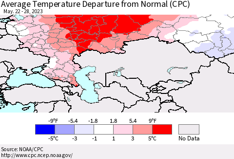 Russian Federation Average Temperature Departure from Normal (CPC) Thematic Map For 5/22/2023 - 5/28/2023
