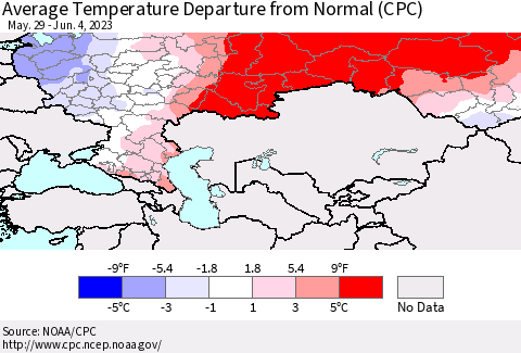 Russian Federation Average Temperature Departure from Normal (CPC) Thematic Map For 5/29/2023 - 6/4/2023